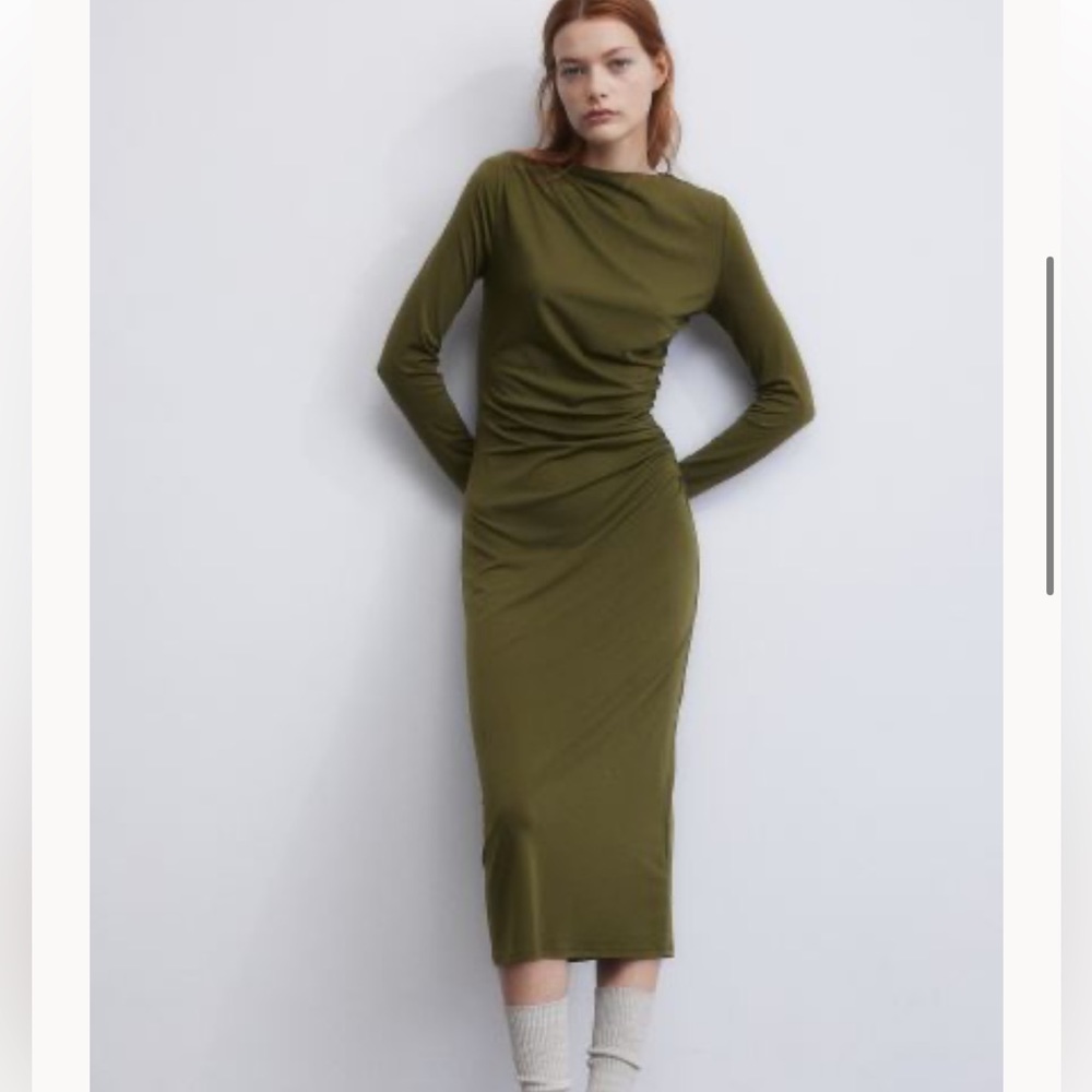 H&M Draped Olive Green Bodycon MIDI Dress Women’s Size Medium BRAND NEW Jersey